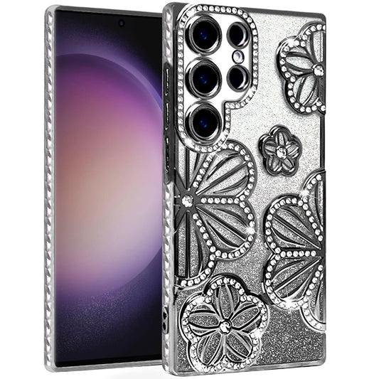 For Samsung Galaxy S23 Ultra Luxury Flower Design Sparkle Glitter Diamond Rhinestone Shimmer Bling Plating Thick TPU Hard PC Case Cover