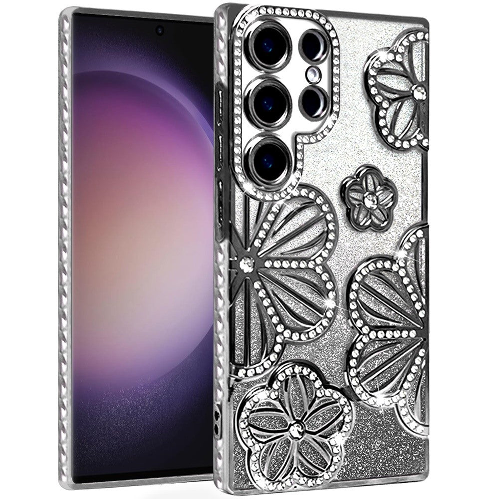 For Samsung Galaxy S23 Ultra Luxury Flower Design Sparkle Glitter Diamond Rhinestone Shimmer Bling Plating Thick TPU Hard PC Case Cover