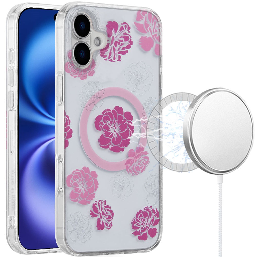 For Apple iPhone 17 Pro Stylish Pattern Fashion IMD Printed Design TPU Double Layer Slim Shockproof with Magnetic Back Case Cover Hot Pink Flower
