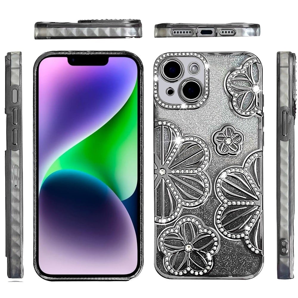 For iPhone 14/13 (6.1") Luxury Flower Design Sparkle Glitter Diamond Rhinestone Shimmer Bling Plating Thick TPU Hard PC Case Cover