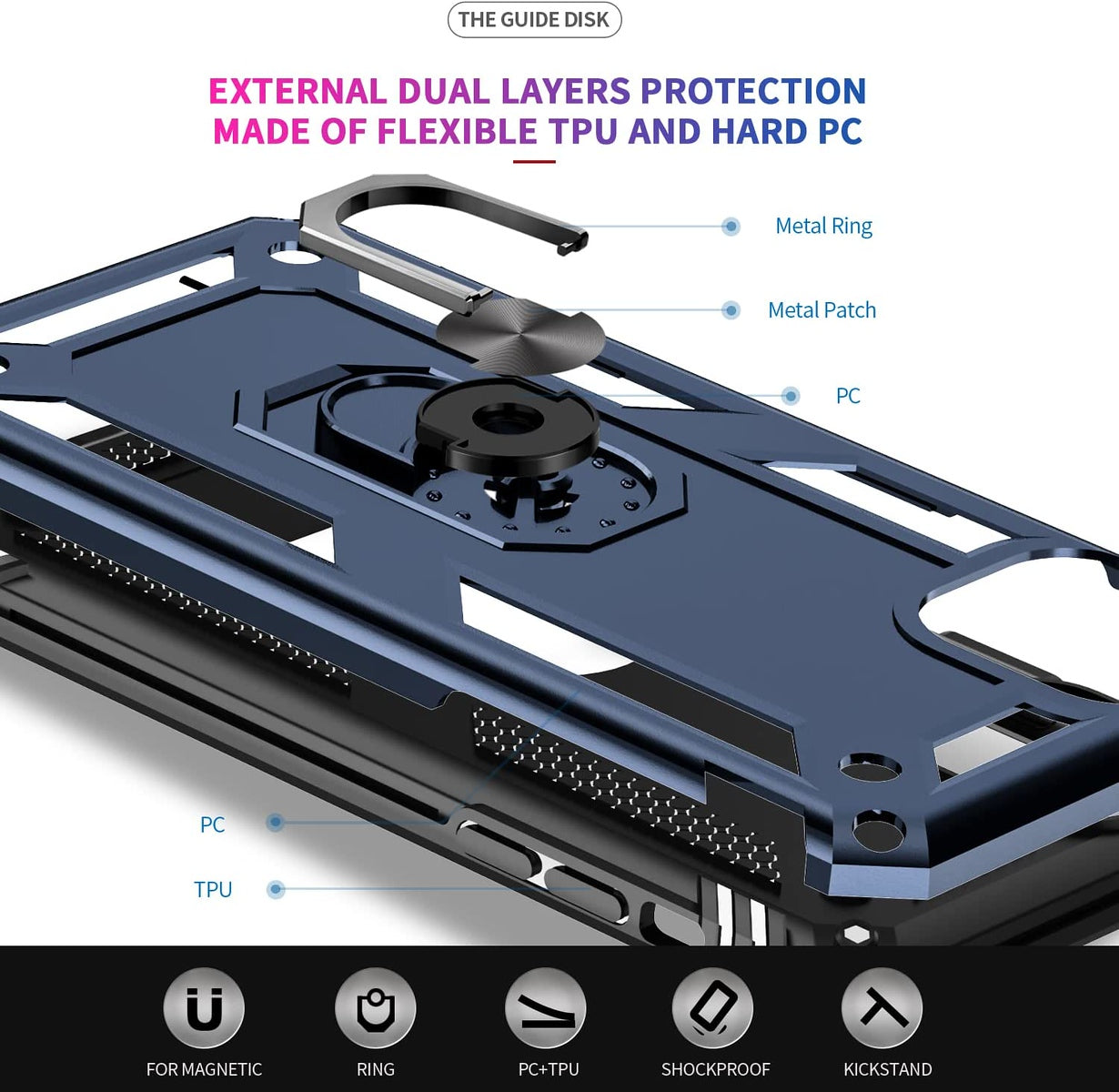 For Motorola Razr+ 2025, Motorola Razr+ Plus (2025) Shockproof Hybrid Dual Layer PC + TPU with Metal Ring Kickstand Heavy Duty Armor Shell Case Cover Blue