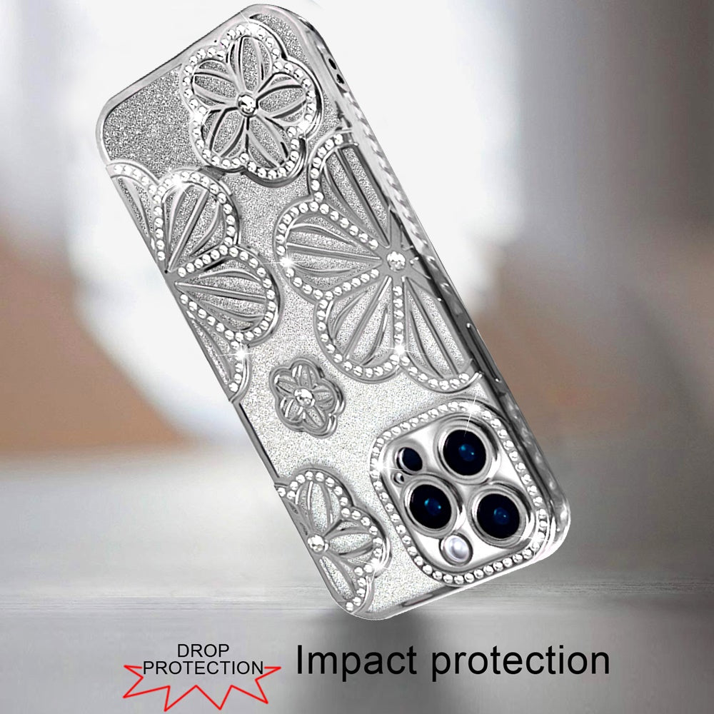 For Apple iPhone 13 Pro Max Luxury Flower Design Sparkle Glitter Diamond Rhinestone Shimmer Bling Plating Thick TPU Hard PC Case Cover