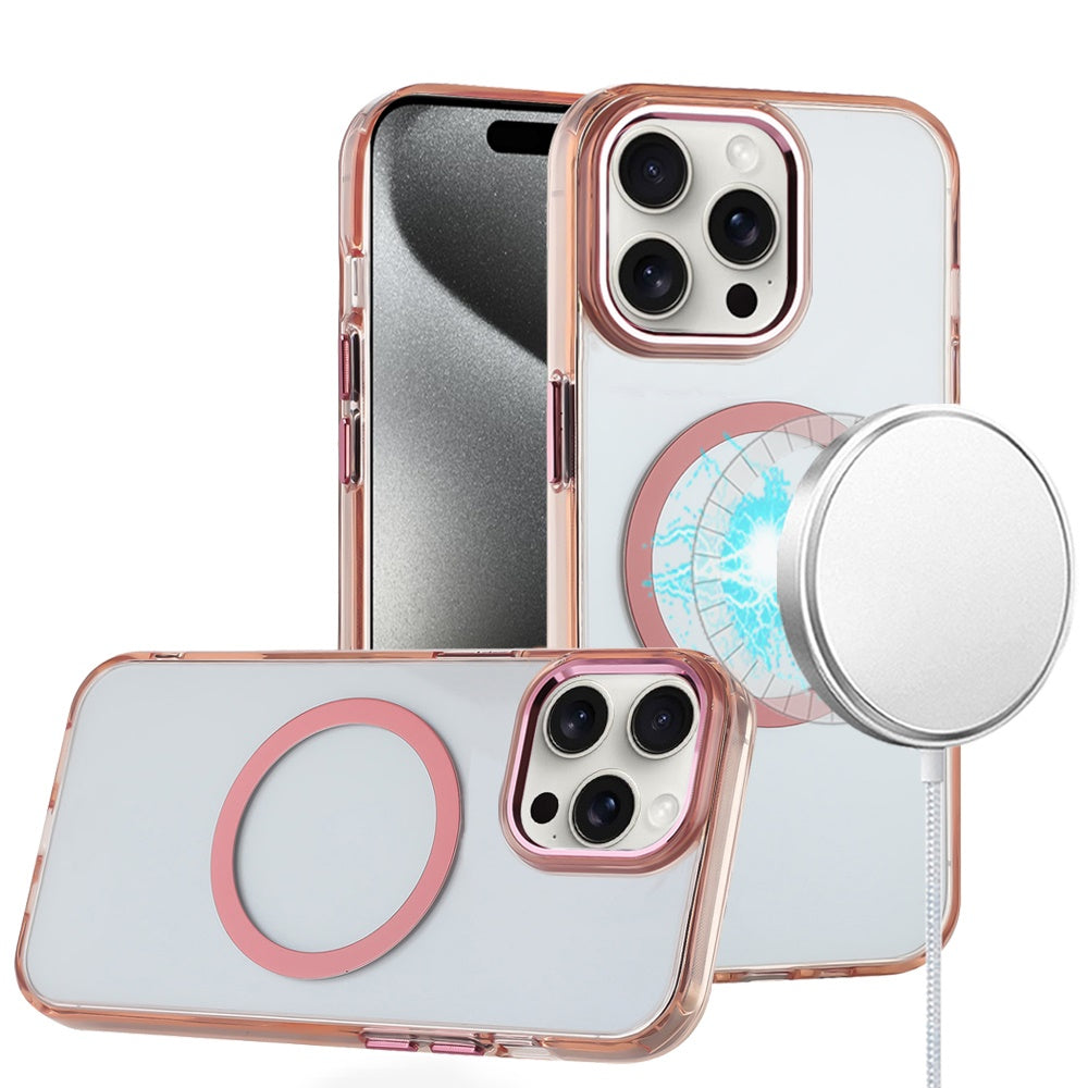 For Apple iPhone 13 Pro Max Transparent Back Hybrid Case - Magnetic Circle, Color Frame, Metal Buttons, MagSafe Compatible Case Cover