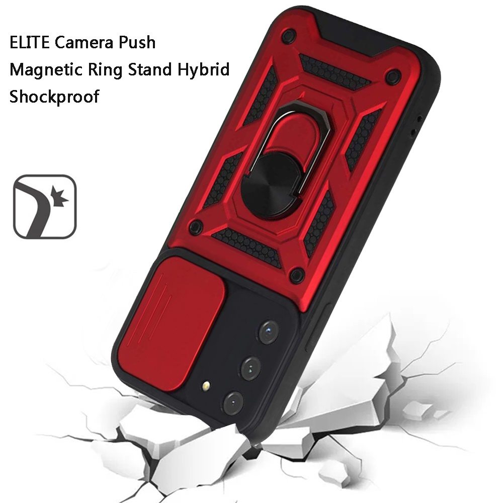For Samsung Galaxy S21 Hybrid Case with Slide Camera Lens Cover, Ring Kickstand, Heavy-Duty Dual Layer TPU, Fit Magnet Car Mount Case Cover Red