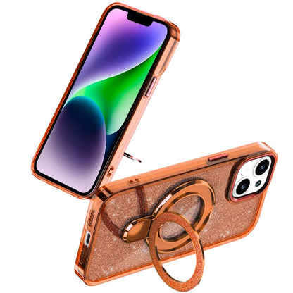For Apple iPhone 11 Transparent Glitter Bling Case with Rotating Magnetic Ring Stand, Shockproof Hybrid Case Cover Cosmic Orange