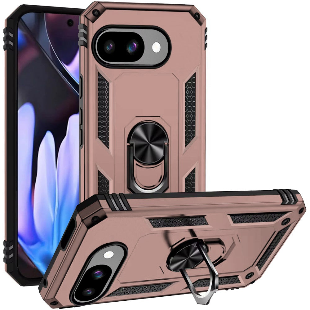 For Google Pixel 9A Hybrid Shockproof Durable 360 Degree Rotatable Ring Stand Holder Kickstand Fit Magnetic Car Mount Case Cover Silver
