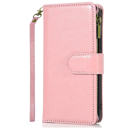 For Motorola Edge 2025 Leather Wallet Case with Zipper, 9 Card Slots, Cash Pocket, Stand & Strap, Clutch Pouch Design Case Cover Rose Gold