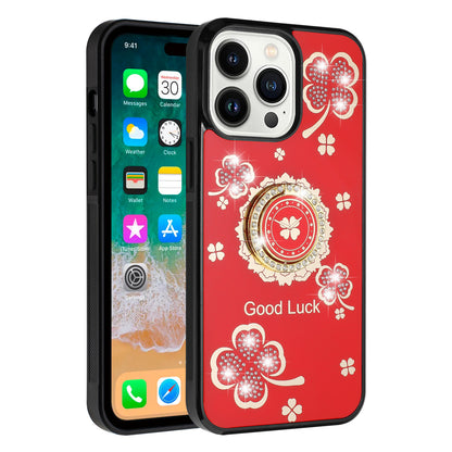 For iPhone 16 (6.1") Diamonds 3D Fashion Floral Bling Sparkly Glitter Ornaments Engraving Hybrid with Ring Stand Case Cover Good Luck Floral Red