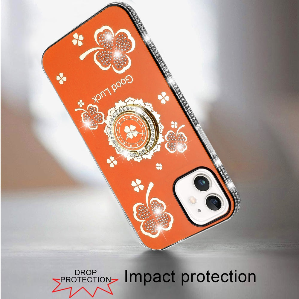 For Apple iPhone 12 /12 Pro Diamonds Bling All Around Edges Sparkly Glitter Hybrid with Ring Stand Holder Fashion Good Luck Case Cover Cosmic Orange