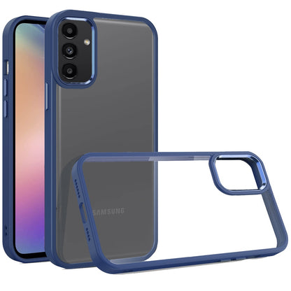 For Samsung Galaxy A17 5G Slim Fit Hybrid Transparent Thick Acrylic with Metal Buttons Frame Protective Hard PC + TPU Shockproof Case Cover Blue