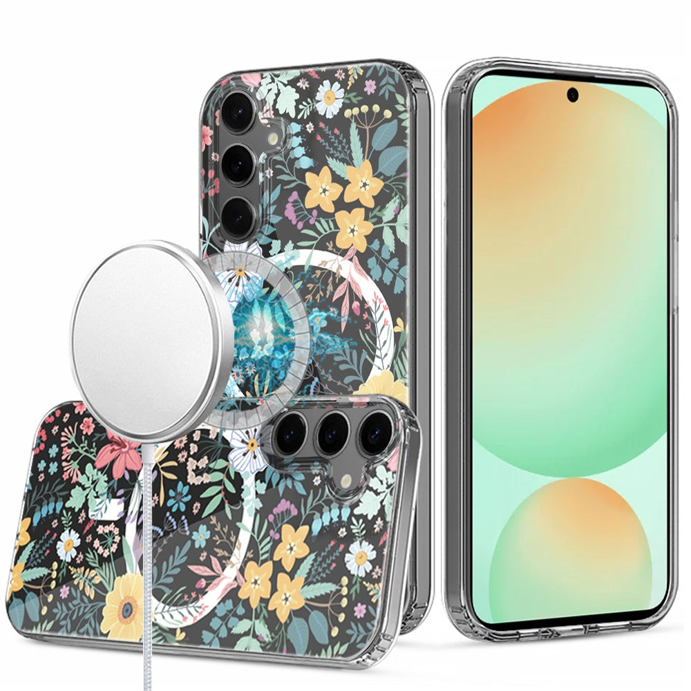 For Samsung Galaxy S24 FE /Fan Edition Hybrid Flower Design Stylish Fashion Thick Hard MagSafe Compatible Shockproof Case Cover