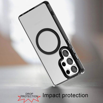 For Samsung Galaxy S23 Ultra Transparent Back Hybrid Case - Magnetic Circle, Color Frame, Metal Buttons, MagSafe Compatible Case Cover