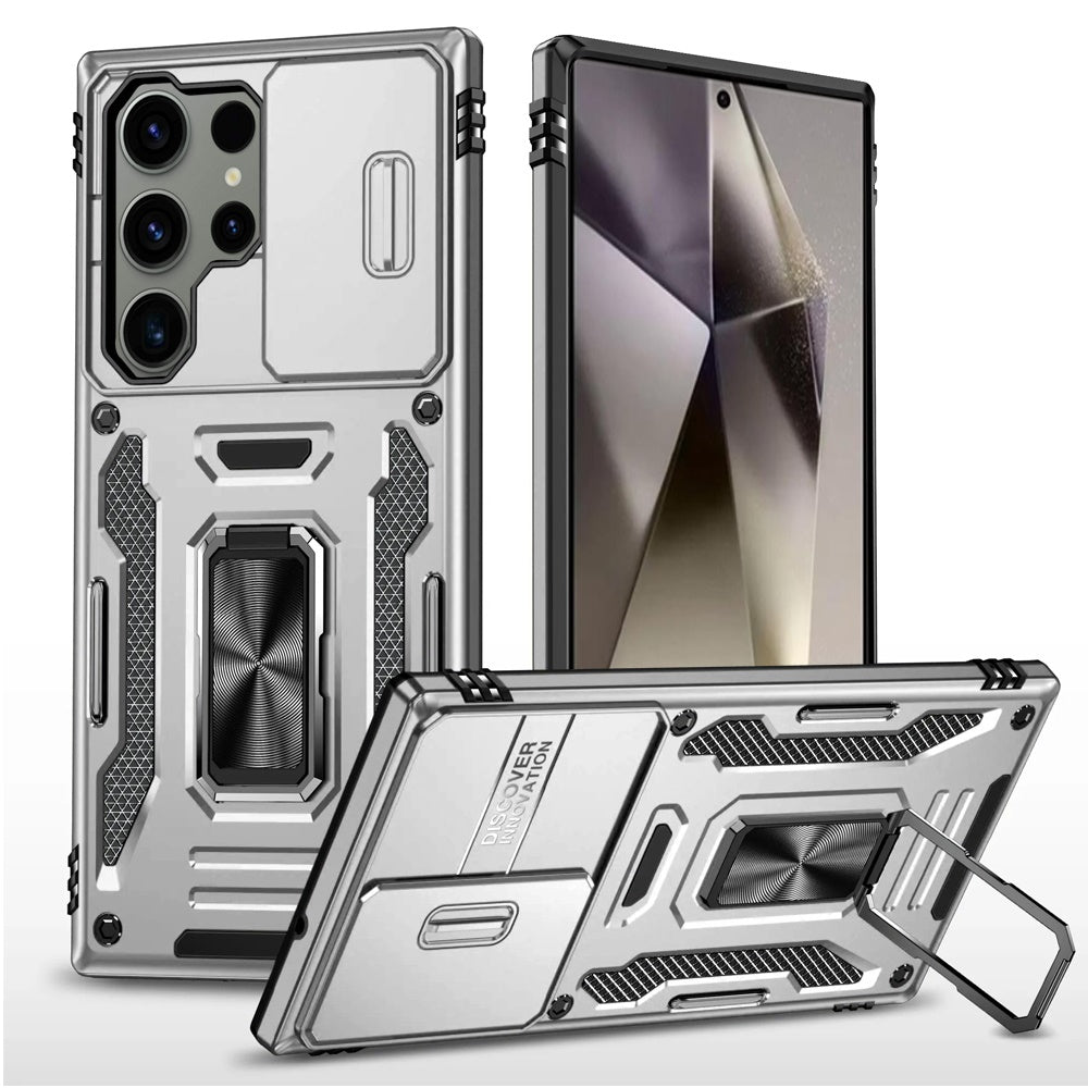 For Samsung Galaxy S25 Ultra Tough Hybrid Case with Movable Camera Window & Metal Ring Stand Shockproof Case Cover