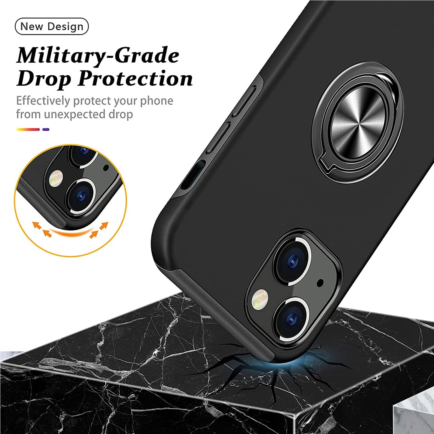 For Samsung Galaxy A03S Military Grade Hybrid Case with Flat Metal Ring 360° Rotation Kickstand, Slim Fit Back Hard PC Case Cover Black