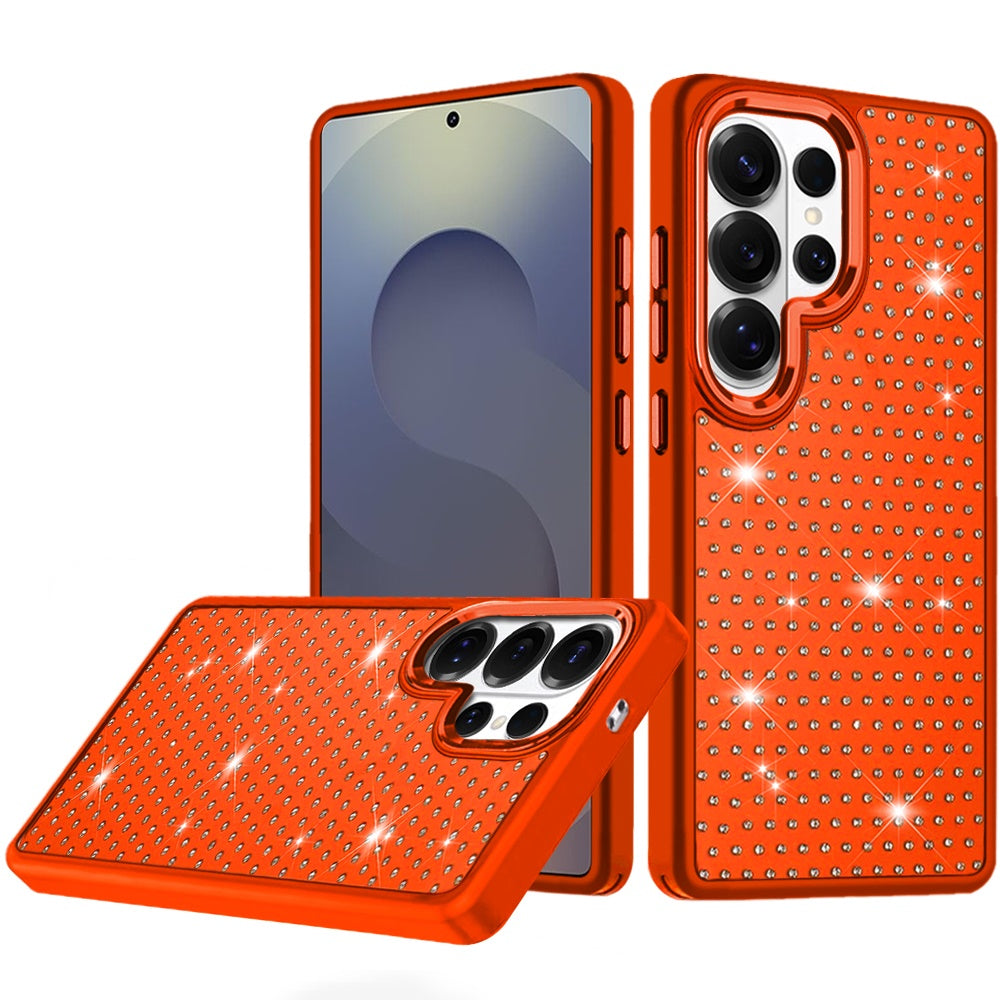 Phone Case for Samsung Galaxy S25 Ultra Luxury Diamond Bling Sparkle Chrome Metallic Edge Shockproof Durable Protective Stylish Premium Hybrid Design Cover Cosmic Orange