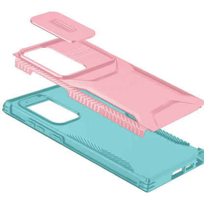 For Samsung Galaxy S25 Ultra Slim Fit Shockproof Hybrid with Slide Camera Window Covering, Rugged Tpu Silicone Hard PC Bumper Case Cover Pink-Teal