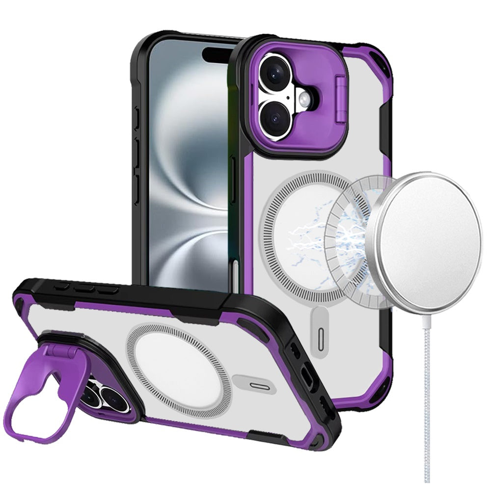For iPhone 16 (6.1") Magnetic Circle Hybrid with Camera Stand, Compatible with MagSafe, Shockproof Protective Case Cover Purple
