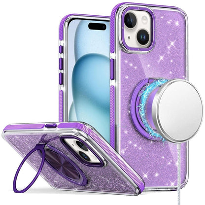 For iPhone 15 Plus (6.7") Slim Bling Glitter Sparkly Shimmer Hybrid with Magnetic Ring and 360° Rotational Stand [Compatible with Magsafe] Case Cover