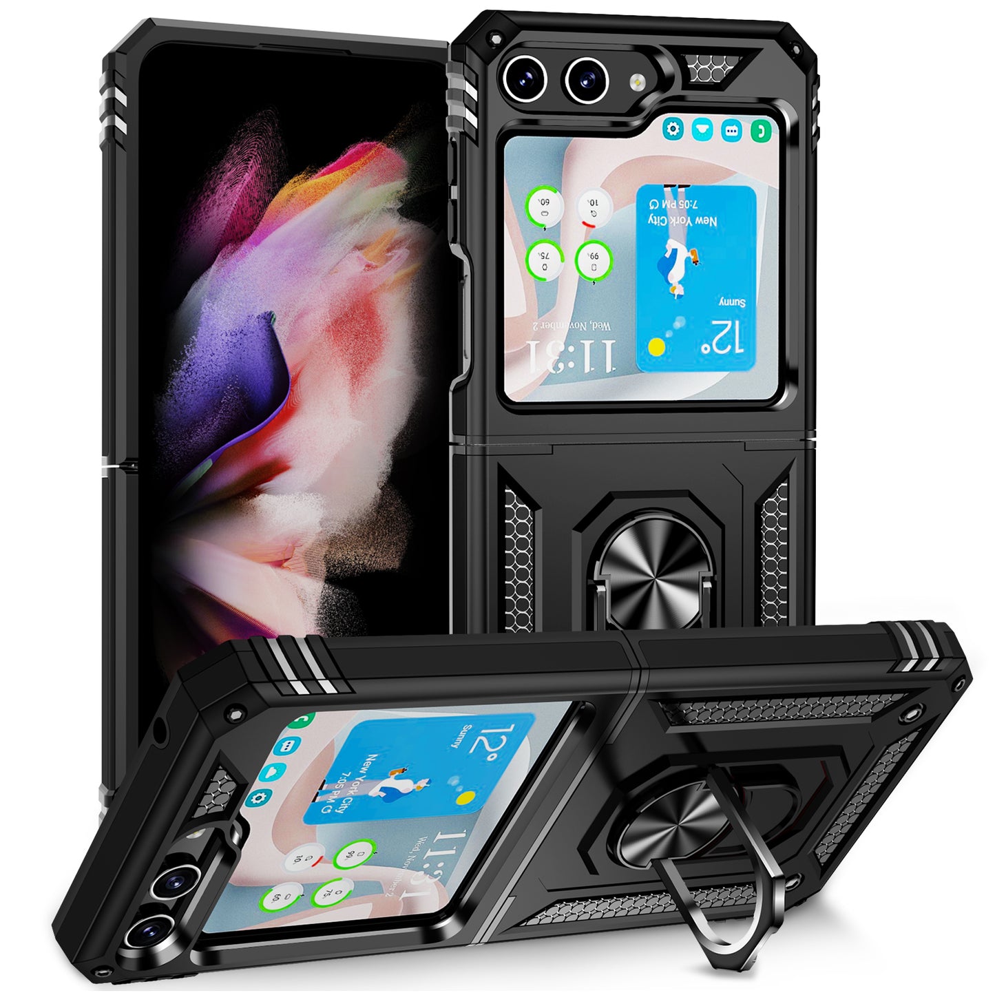 For Samsung Galaxy Z Fold 7 Hybrid Shockproof Protective with Magnetic 360° rotating Ring Kickstand, TPU Rubber PC Case Cover Black