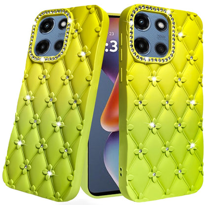 For Motorola Moto G 5G 2026/2025 Fashion Flower Design Sparkle Glitter Shimmer Rhinestone Bling Floral Accents, Leather Texture TPU Case Cover Yellow/Green