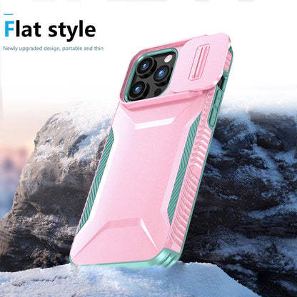 For iPhone 15 Pro Max (6.7") Slim Fit Shockproof Hybrid with Slide Camera Window Covering, Rugged Tpu Silicone Hard PC Bumper Case Cover Pink-Teal