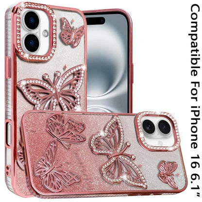 Phone Case for Apple iPhone 16 Butterfly Freedom Shimmer Glitter Thick TPU Shockproof Anti Slip Durable Protective Design Cover