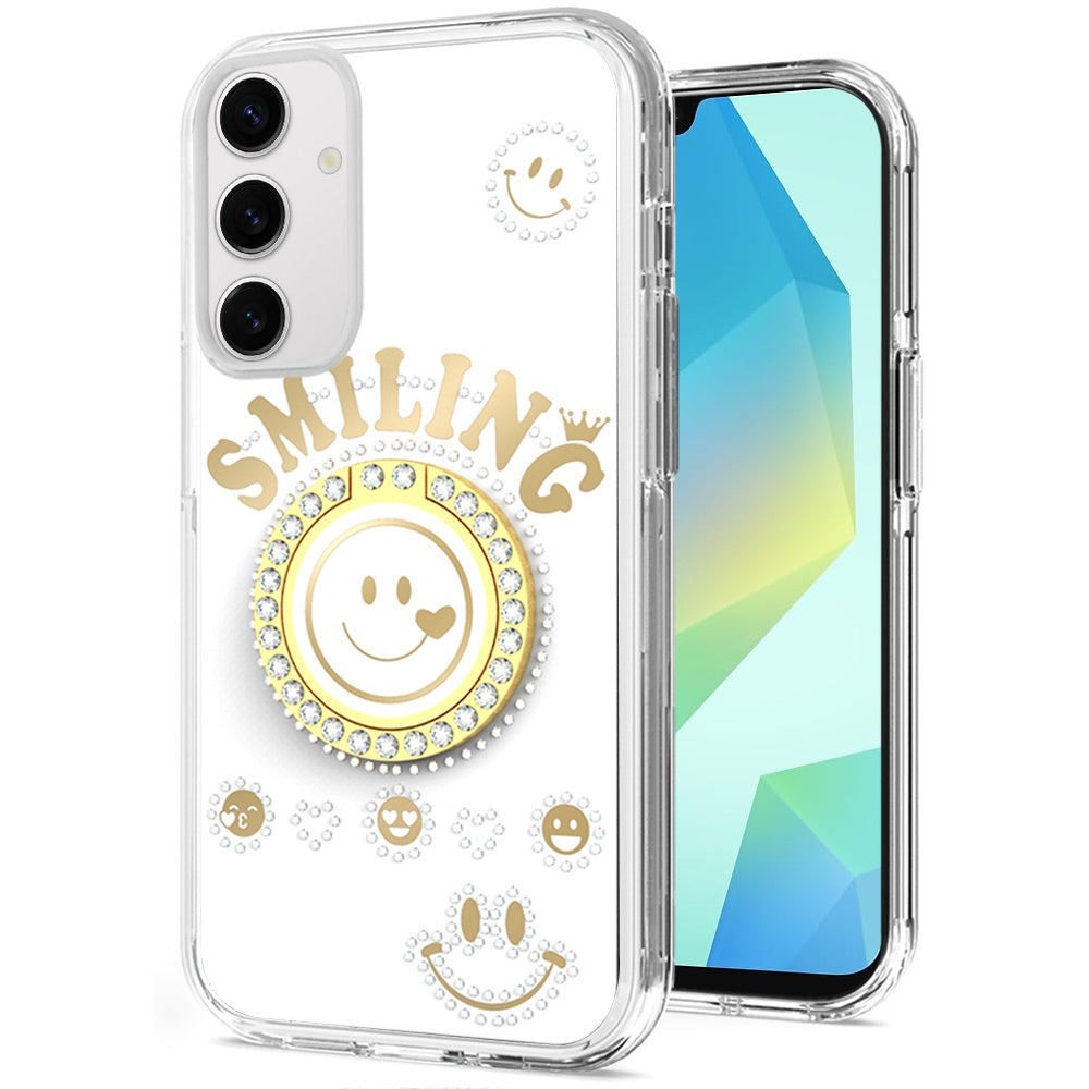 For Samsung Galaxy A16 5G Smiling Glitter Ornament Bling Sparkle with Ring Stand Hybrid Slim TPU + Hard Back Shell Case Cover