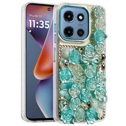 For Samsung Galaxy A37 3D Diamond Floral Roses Flower Bling Stone Hybrid, Sparkly Rhinestone Gemstone Back Shockproof Case Cover