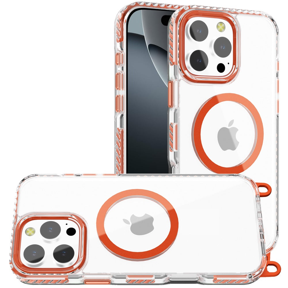Phone Case for Apple iPhone 16 Pro Max Transparent Magnetic Lanyard Shockproof Hybrid Clear Grip Durable Camera Protection TPU Anti-Slip Design Cover Cosmic Orange