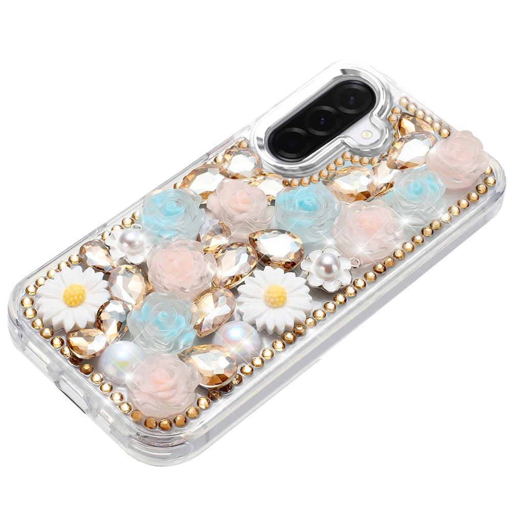 For Samsung Galaxy A37 Fashion Daisy Floral Series, Full 3D Bling Crystal Diamonds Sparkling Rhinestone Glitter Hybrid Design Case Cover