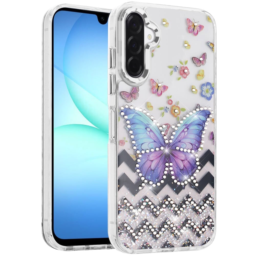 For Samsung Galaxy A17 5G Butterfly Resin Epoxy Diamond Design Metal Edged Hybrid Shockproof Heavy Duty Drop Protection Case Cover