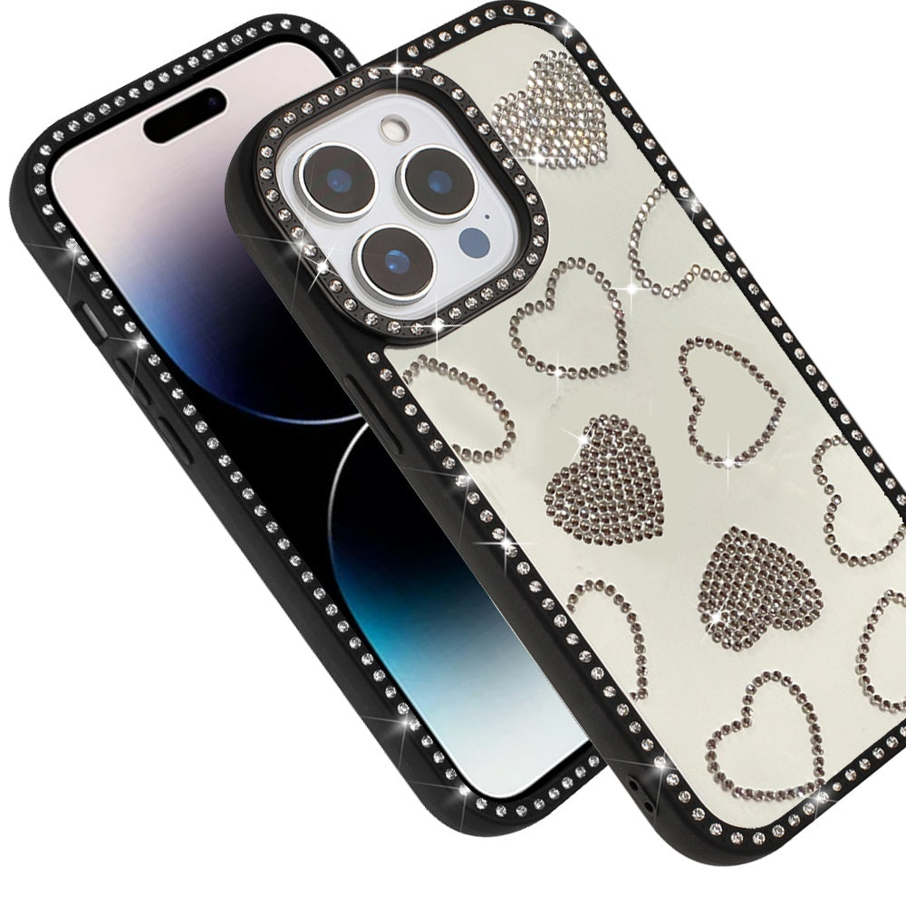 For Apple iPhone 17E /16E Spread Love Glitter Shimmer Bling Diamond Edge Hybrid Drop Protection Shockproof Design Case Cover Black