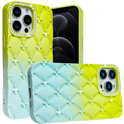For Apple iPhone 12 Pro Max Fashion Flower Design Sparkle Glitter Shimmer Rhinestone Bling Floral Accents, Leather Texture TPU Case Cover