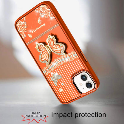For iPhone 12 / iPhone 12 Pro (6.1") Glitter 3D Butterfly Design Bling Metallic Edge Hybrid Stand Drop Protection TPU Shockproof Case Cover Cosmic Orange