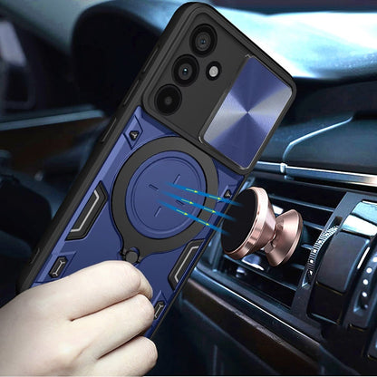 Phone Case for Samsung Galaxy S25 FE, S25 Fan Edition Magnetic Ring Stand Shockproof Hybrid Full Camera Slide Guard Anti Slip Heavy Duty Protective Armor Cover Blue