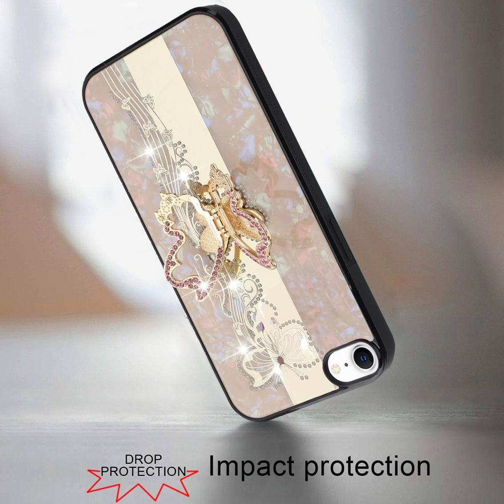 For Apple iPhone 17E /16E Diamonds 3D Fashion Bling Sparkly Glitter Ornaments Engraving Hybrid with Ring Stand Case Cover