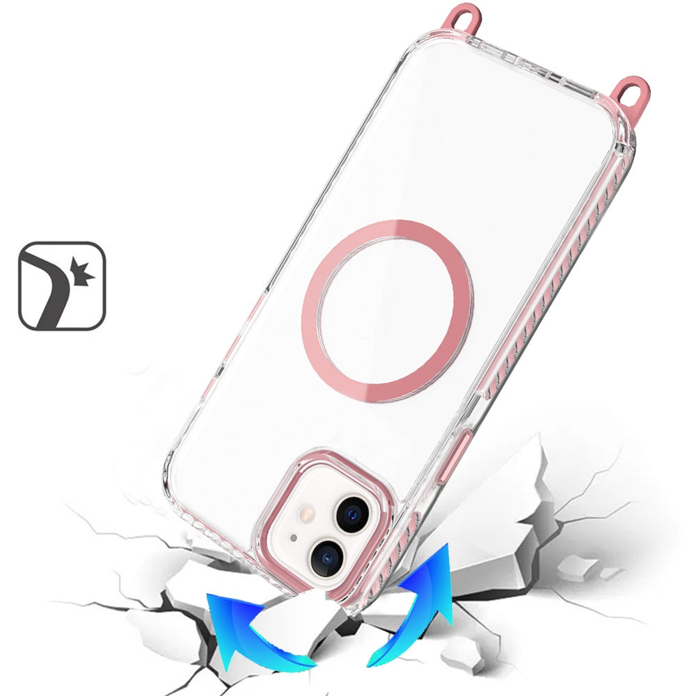 For Apple iPhone 16 Plus (6.7") Clear Magnetic Frame PC Back Shockproof Protective Case with Detachable Lanyard Strap, Compatible with MagSafe Case Cover
