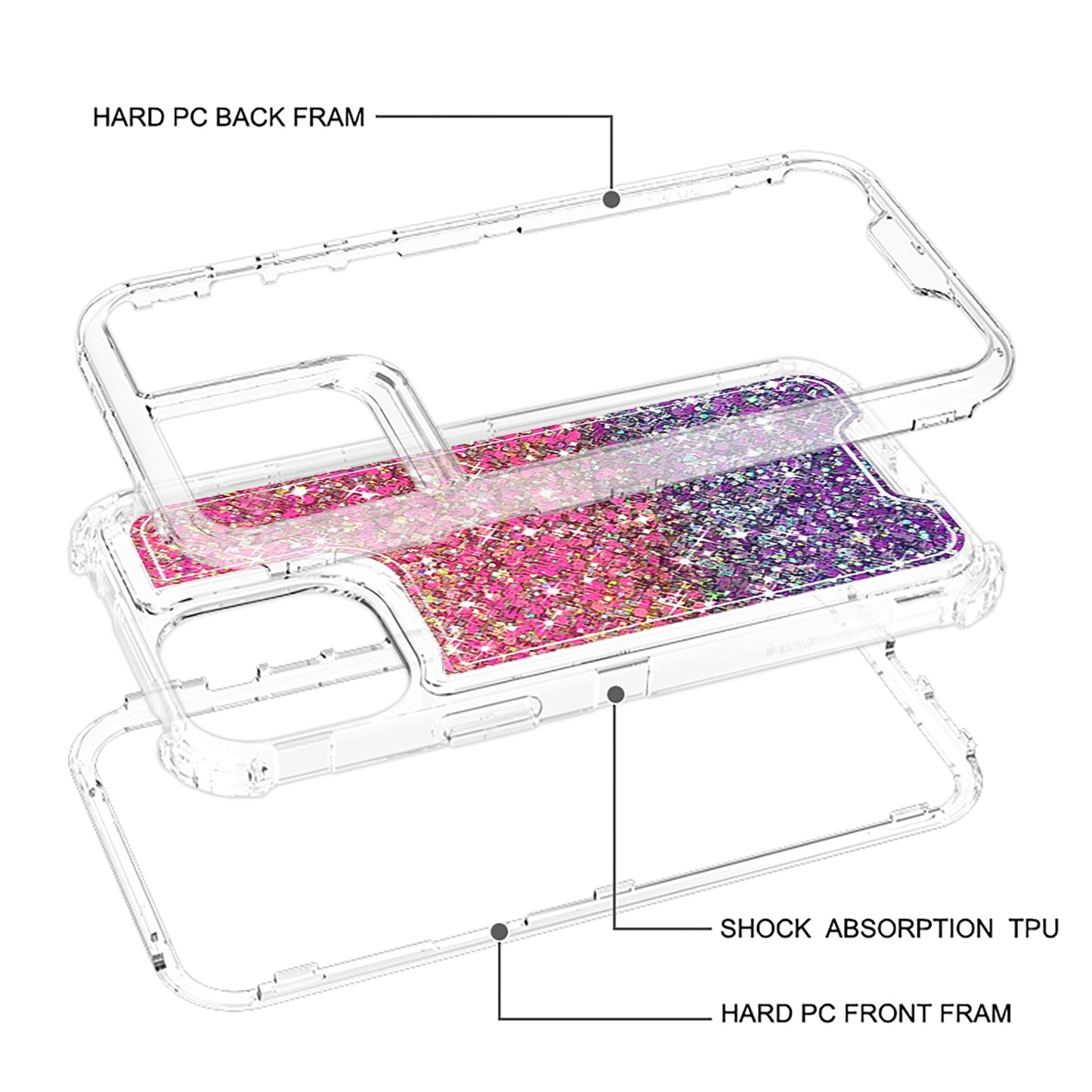 For Samsung Galaxy A16 5G Epoxy Bling Glitter Sparkly 3in1 Shockproof Transparent Hybrid Shockproof Full Body PC Bumper Case Cover Hot Pink + Purple
