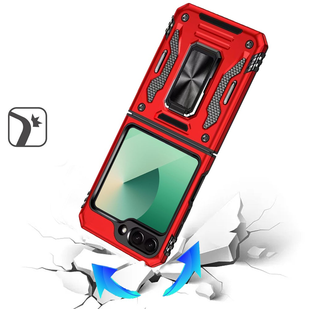 For Samsung Galaxy Z Flip 7 Tough Hybrid Case with Movable Camera Window & Metal Ring Stand Shockproof Case Cover