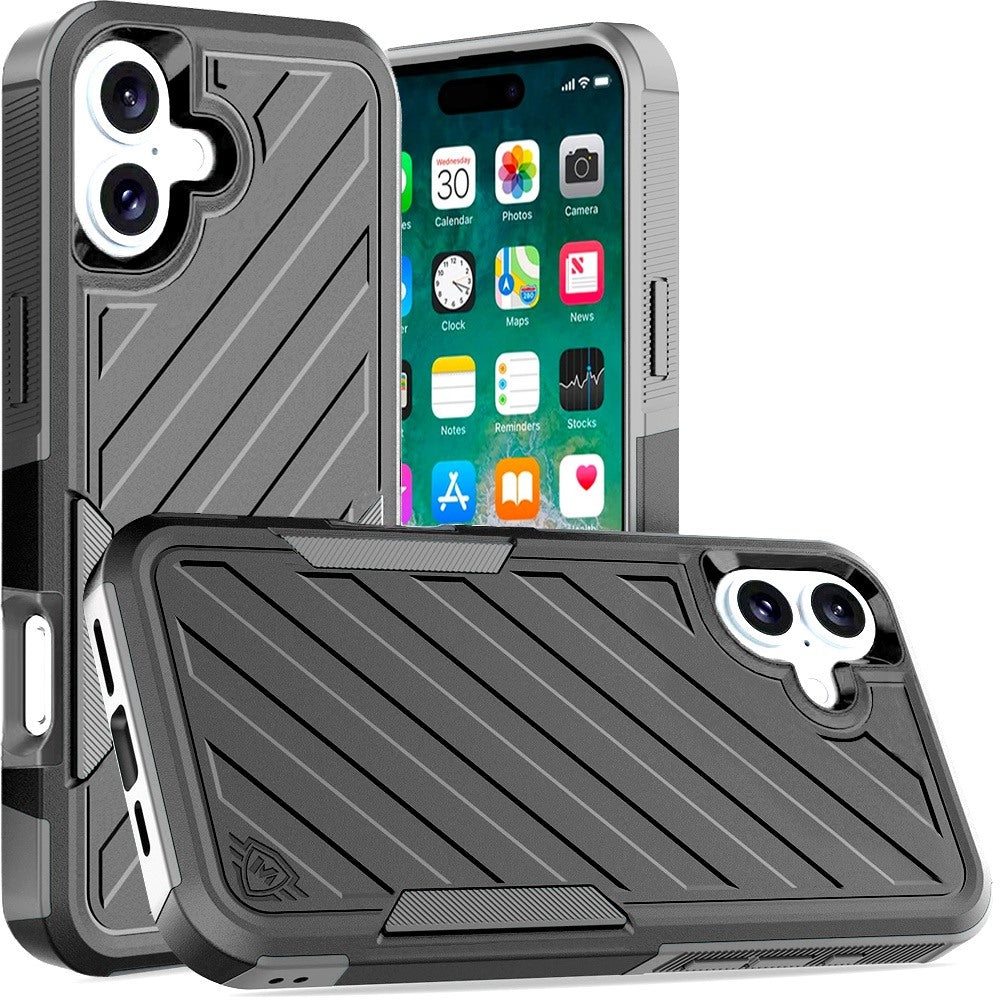 For Apple iPhone 16 Pro Hybrid lined shockproof dual layer Rugged 2in1 Hard PC & Silicone TPU Non Slip Textured Tough Armor Case Cover Black+Grey