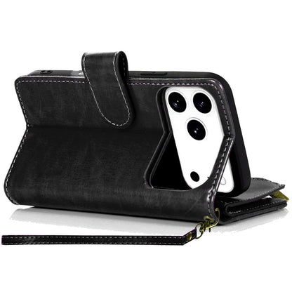 For Apple iPhone 17 Pro (6.3") Leather Wallet Case with Zipper, 9 Card Slots, Cash Pocket, Stand & Strap, Clutch Pouch Design Case Cover