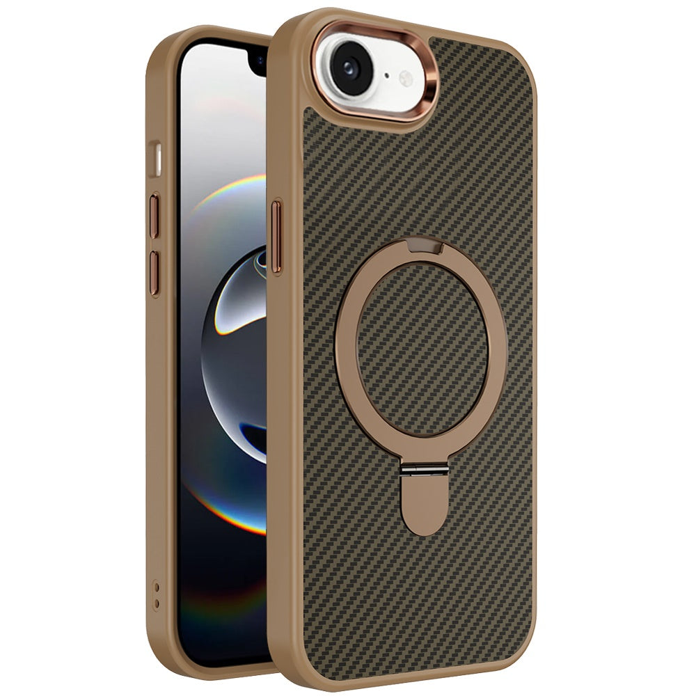 For Apple iPhone 17E /16E Hybrid Carbon Fiber Design with MagSafe Compatible [Magnetic Circle], Ring Stand Shockproof Slim TPU Case Cover