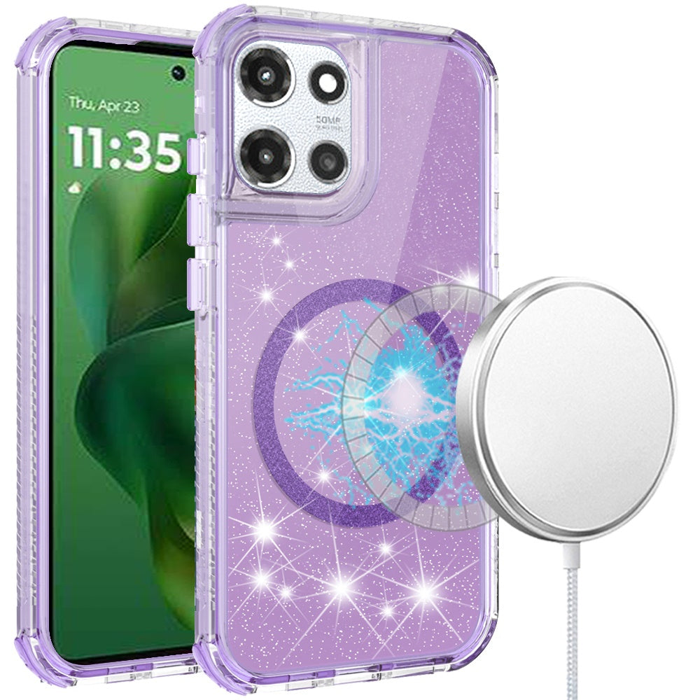 For Motorola Moto G Power 5G (2025) Magnetic Circle Compatible with Magsafe, Bling Glitter Sparkle 3-in-1 Hybrid Shockproof TPU Bumper Case Cover