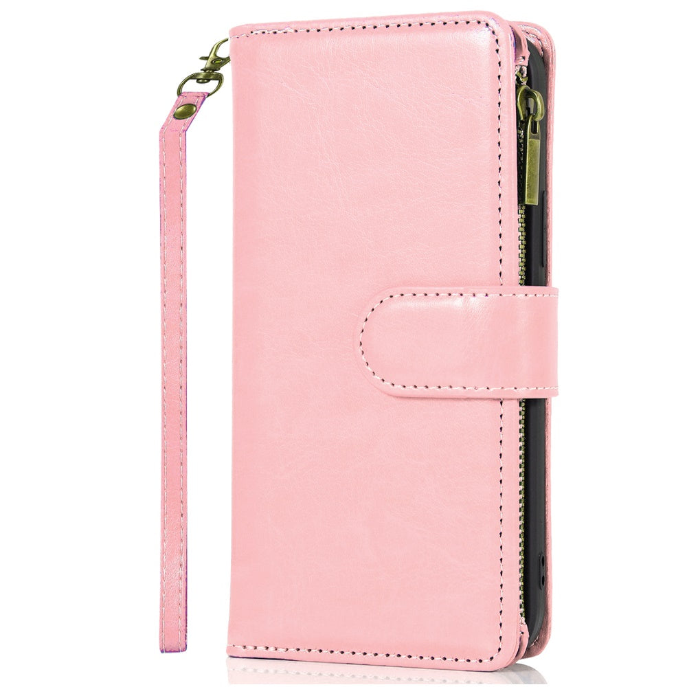 For Samsung Galaxy S25 EDGE Leather Wallet Case with Zipper, 9 Card Slots, Cash Pocket, Stand & Strap, Clutch Pouch Design Case Cover Rose Gold