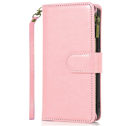 For Samsung Galaxy S25 EDGE Leather Wallet Case with Zipper, 9 Card Slots, Cash Pocket, Stand & Strap, Clutch Pouch Design Case Cover Rose Gold