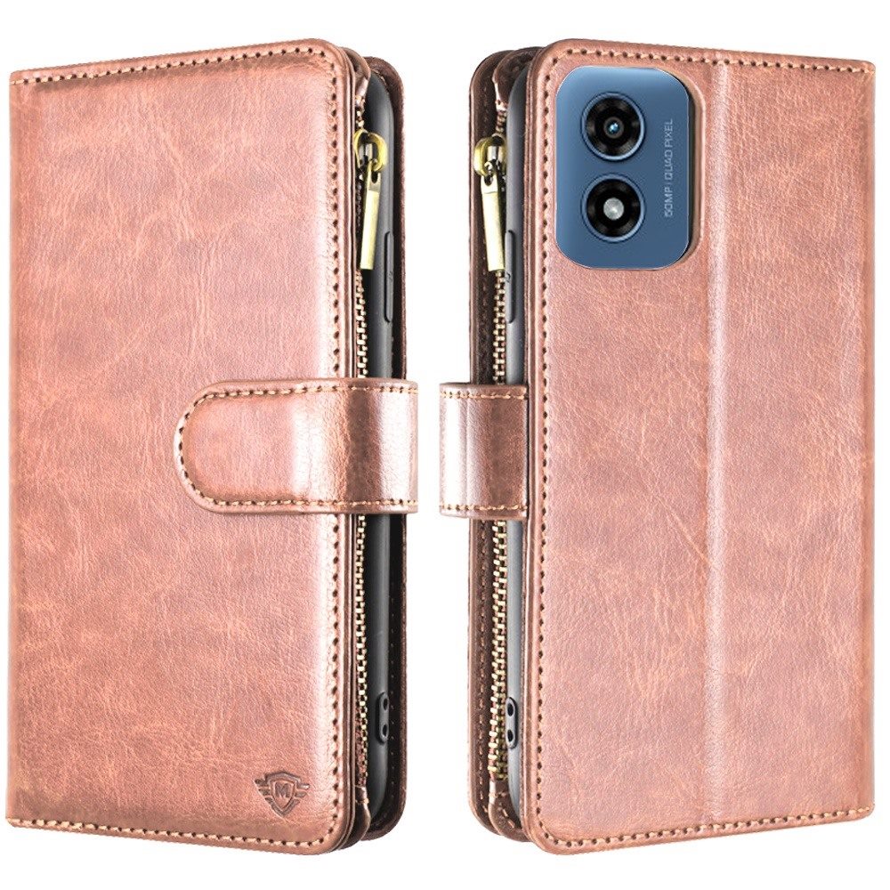 For Apple iPhone 16 (6.1") Premium Leather Zipper Wallet with Credit Card Slots Money Pocket Luxury Clutch Pouch Stand & Strap Case Cover Rose Gold
