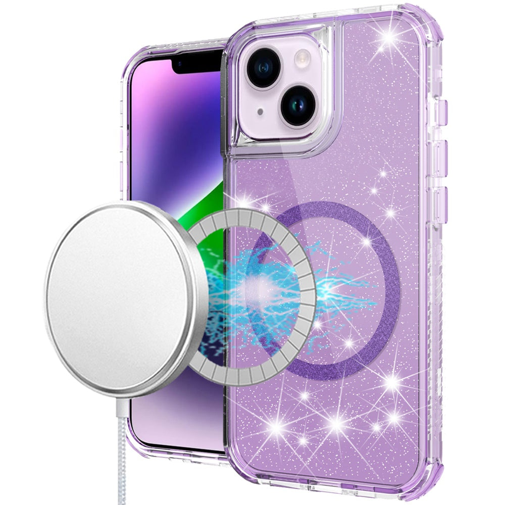 For Apple iPhone 14 / iPhone 13 (6.1") Magnetic Ring Circle Glitter Bling Sparkle 3in1 Hybrid [Compatible with Magsafe] Clear Shockproof Case Cover