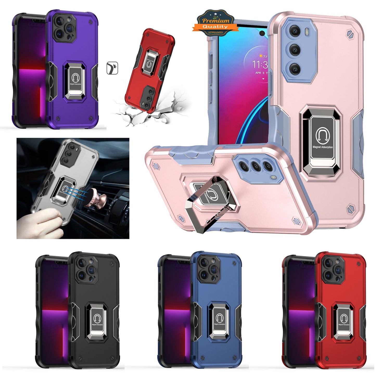 Hybrid Stand Magnetic Ring Holder Kickstand Heavy Duty Rugged Drop Silicone & Hard PC Shockproof