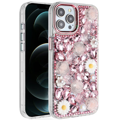For Apple iPhone 14 /13 Fashion Daisy Floral Series, Full 3D Bling Crystal Diamonds Sparkling Rhinestone Glitter Hybrid Design Case Cover Pink