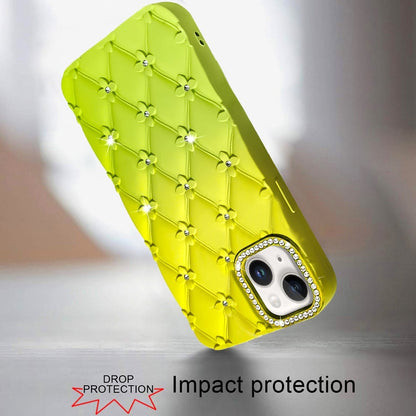 For iPhone 15 (6.1") Fashion Flower Design Sparkle Glitter Shimmer Rhinestone Bling Floral Accents, Leather Texture TPU Case Cover Yellow/Green
